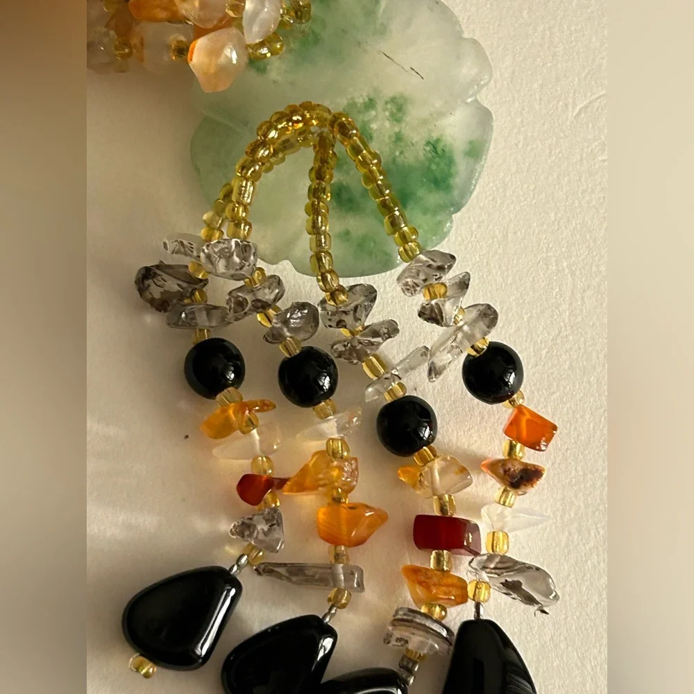Necklace Artisan Jade flower tassel, Onyx, Rutilated Quartz, Carnelian beads